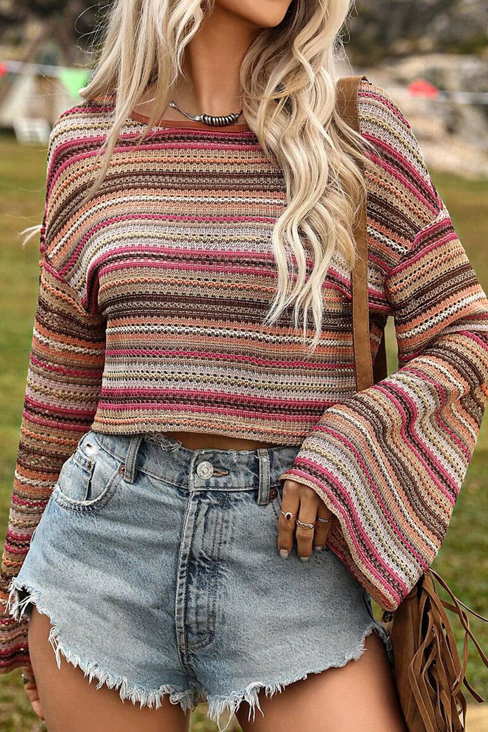 Rose Red Ethnic Striped Cropped Long Sleeve Top - Vesteeto