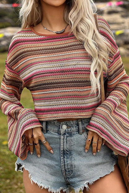 Rose Red Ethnic Striped Cropped Long Sleeve Top - Vesteeto