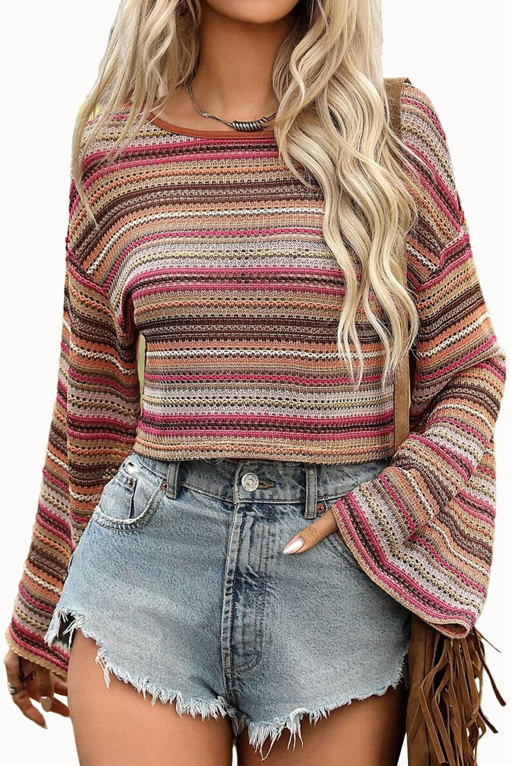 Rose Red Ethnic Striped Cropped Long Sleeve Top - Vesteeto