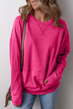 Rose Red Kangaroo Pocket Loose Fit Drop Shoulder Sweatshirt - Vesteeto