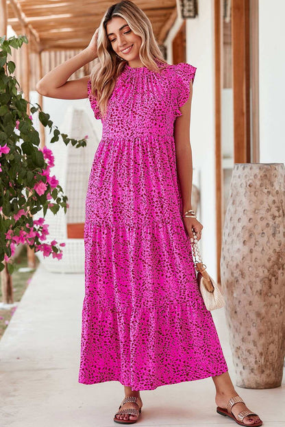 Rose Red Leopard Print Ruffle Sleeveless Maxi Dress - Vesteeto