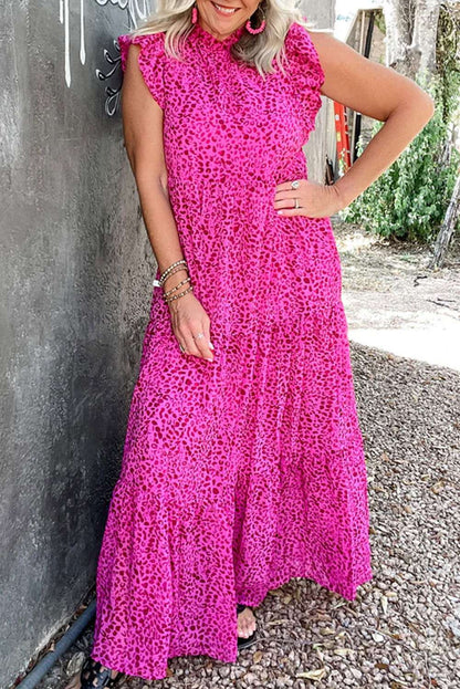 Rose Red Leopard Print Ruffle Sleeveless Maxi Dress - Vesteeto