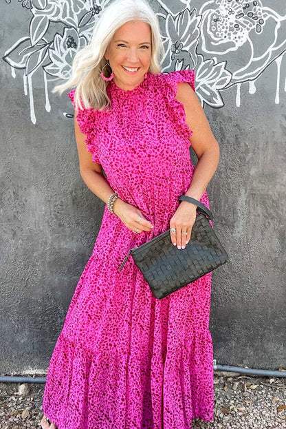 Rose Red Leopard Print Ruffle Sleeveless Maxi Dress - Vesteeto