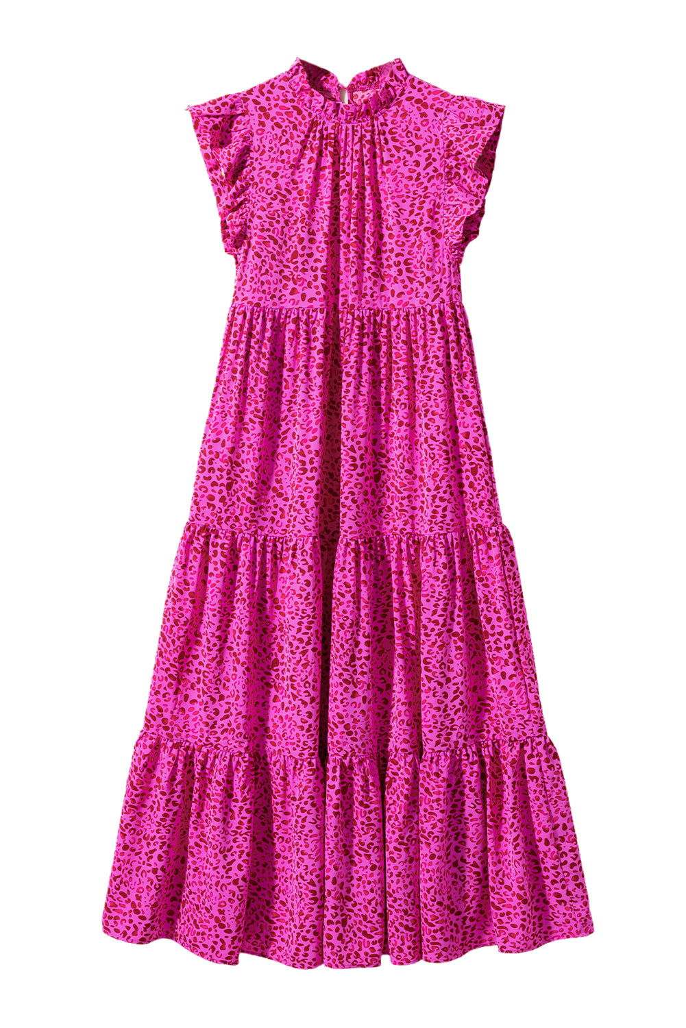 Rose Red Leopard Print Ruffle Sleeveless Maxi Dress - Vesteeto