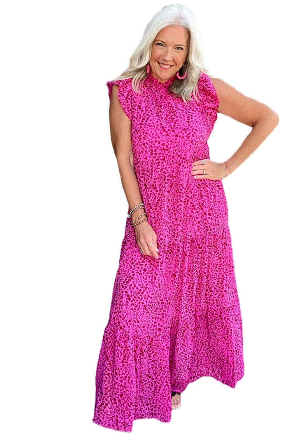 Rose Red Leopard Print Ruffle Sleeveless Maxi Dress - Vesteeto