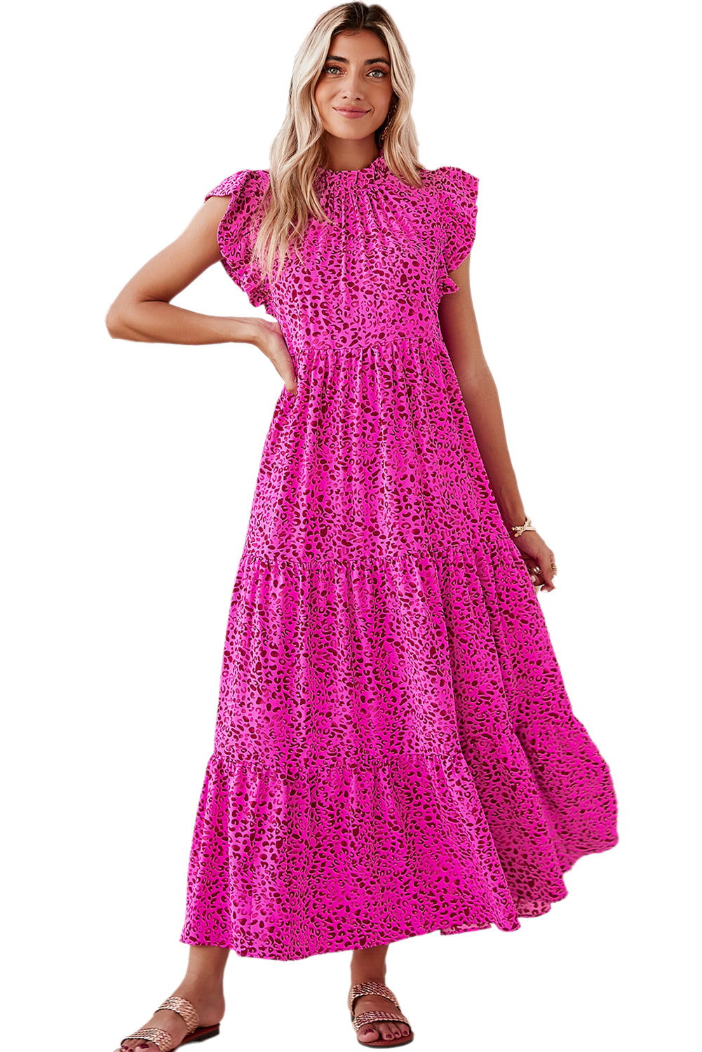 Rose Red Leopard Print Ruffle Sleeveless Maxi Dress - Vesteeto