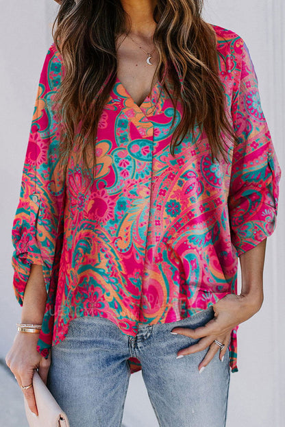 Rose Red Paisley Print Tab Sleeve V-Neck Boho Blouse - Vesteeto