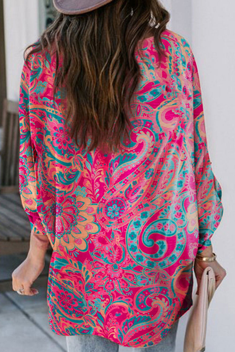 Rose Red Paisley Print Tab Sleeve V-Neck Boho Blouse - Vesteeto