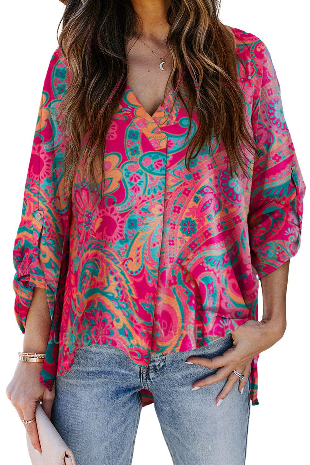 Rose Red Paisley Print Tab Sleeve V-Neck Boho Blouse - Vesteeto