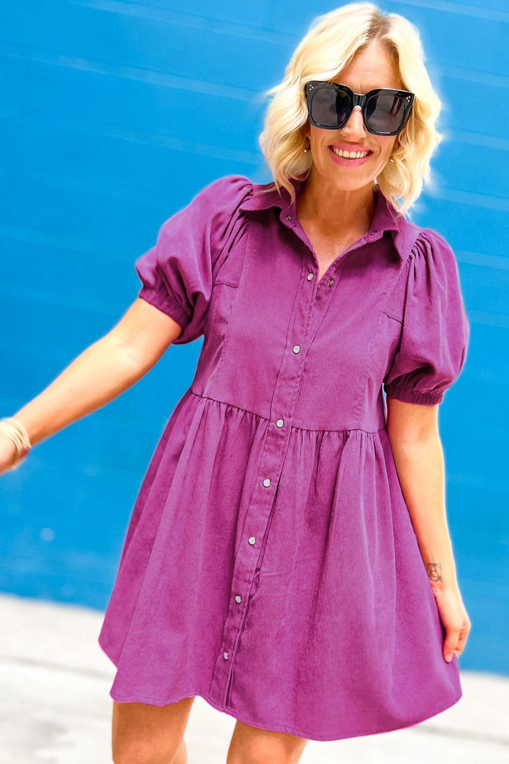 Rose Red Plain Puff Sleeve Collared Babydoll Dress - Vesteeto