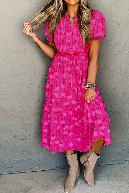 Rose Red Pleated Lace-up High Waist Puff Sleeve Floral Midi Dress - Vesteeto