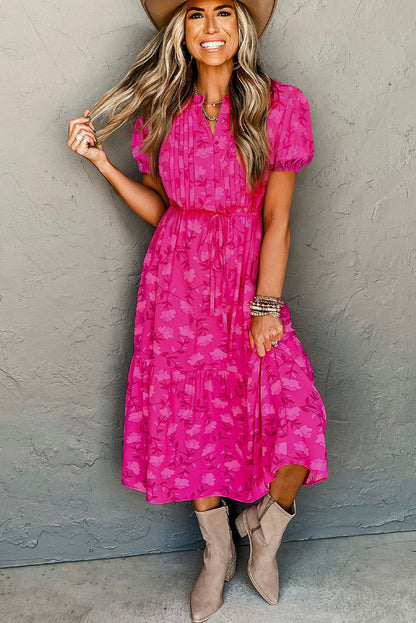 Rose Red Pleated Lace-up High Waist Puff Sleeve Floral Midi Dress - Vesteeto