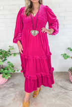 Rose Red Smocked V Neck Tiered Ruffle Velvet Plus Size Maxi Dress - Vesteeto