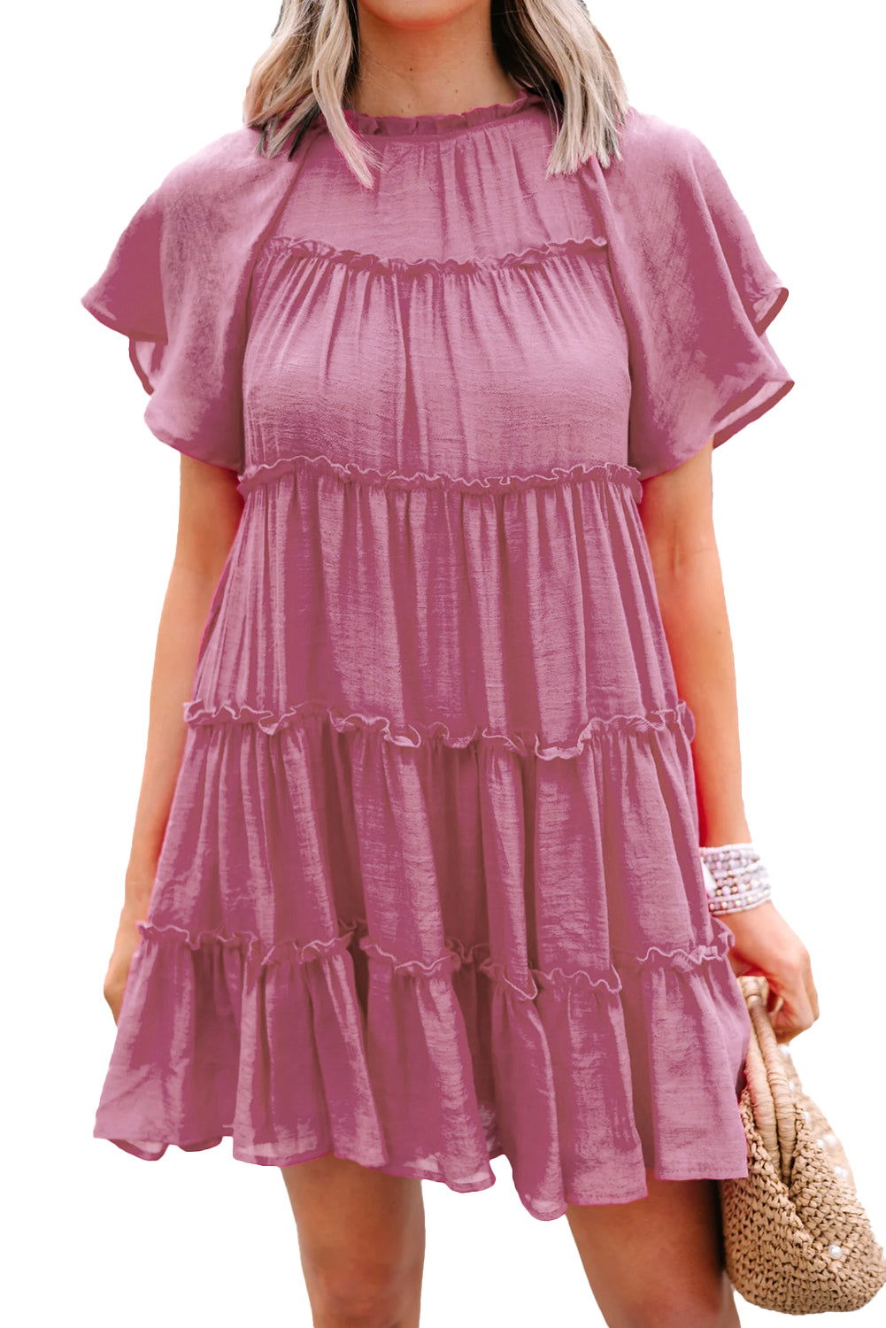 Rose Red Solid Color Flounce Sleeve Frill Tiered Dress - Vesteeto