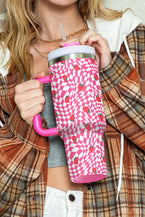 Rose Red Strawberry & Checkered Print Handled Tumbler 40oz - Vesteeto