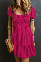 Rose Red Swiss Dot Jacquard Puff Sleeve Crossover Tied Tiered Dress - Vesteeto