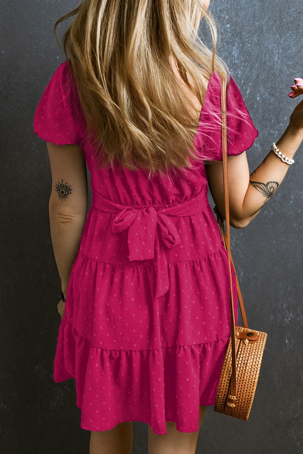 Rose Red Swiss Dot Jacquard Puff Sleeve Crossover Tied Tiered Dress - Vesteeto