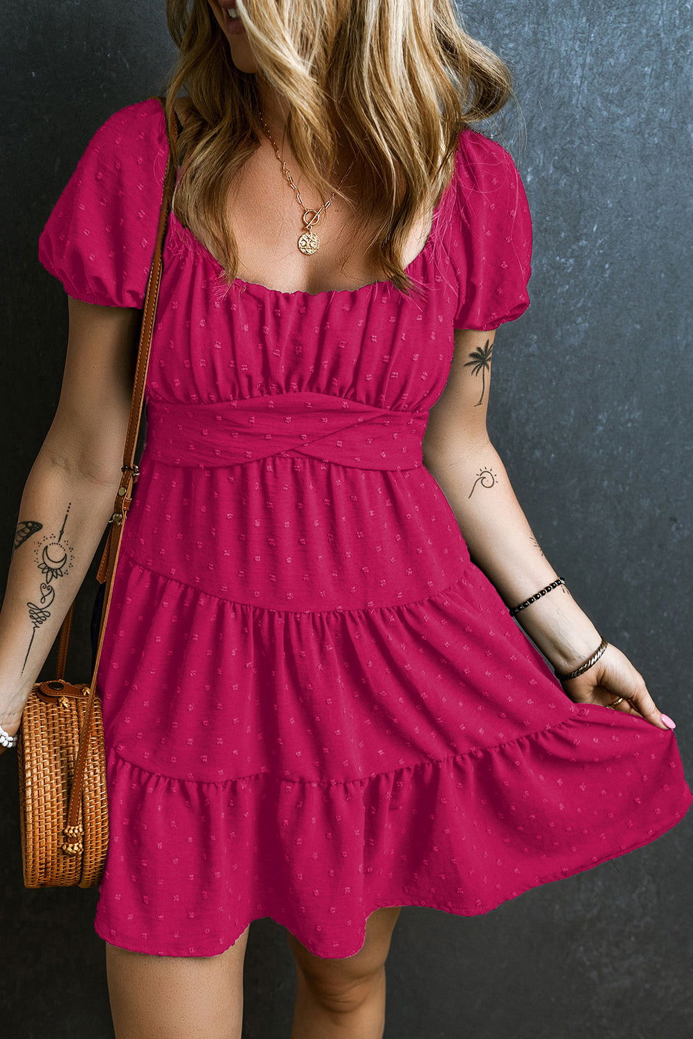 Rose Red Swiss Dot Jacquard Puff Sleeve Crossover Tied Tiered Dress - Vesteeto