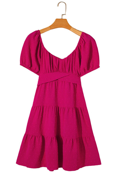 Rose Red Swiss Dot Jacquard Puff Sleeve Crossover Tied Tiered Dress - Vesteeto