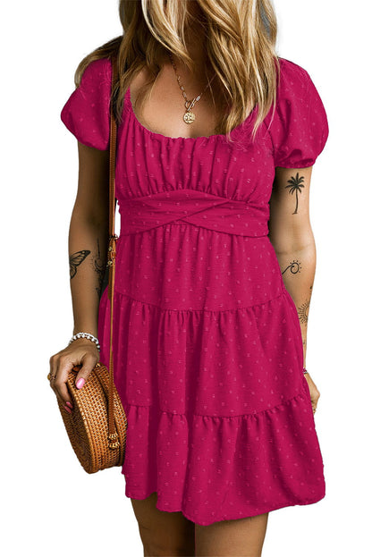 Rose Red Swiss Dot Jacquard Puff Sleeve Crossover Tied Tiered Dress - Vesteeto