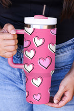 Rose Red Valentines Heart Printed Thermos Cup with Handle - Vesteeto