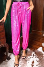 Rose Sequins Tie Elastic Waist Jogger Pants - Vesteeto