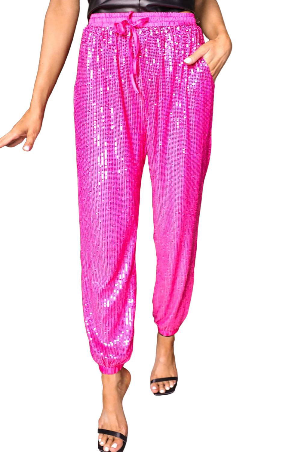 Rose Sequins Tie Elastic Waist Jogger Pants - Vesteeto