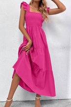 Rose Square Neck Ruffle Smocked Sleeveless Maxi Dress - Vesteeto