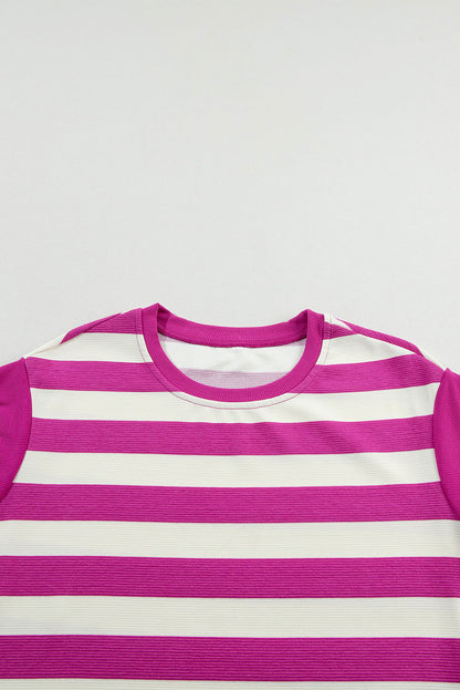 Rose Stripe Cap Sleeve Pocketed T-shirt Dress - Vesteeto