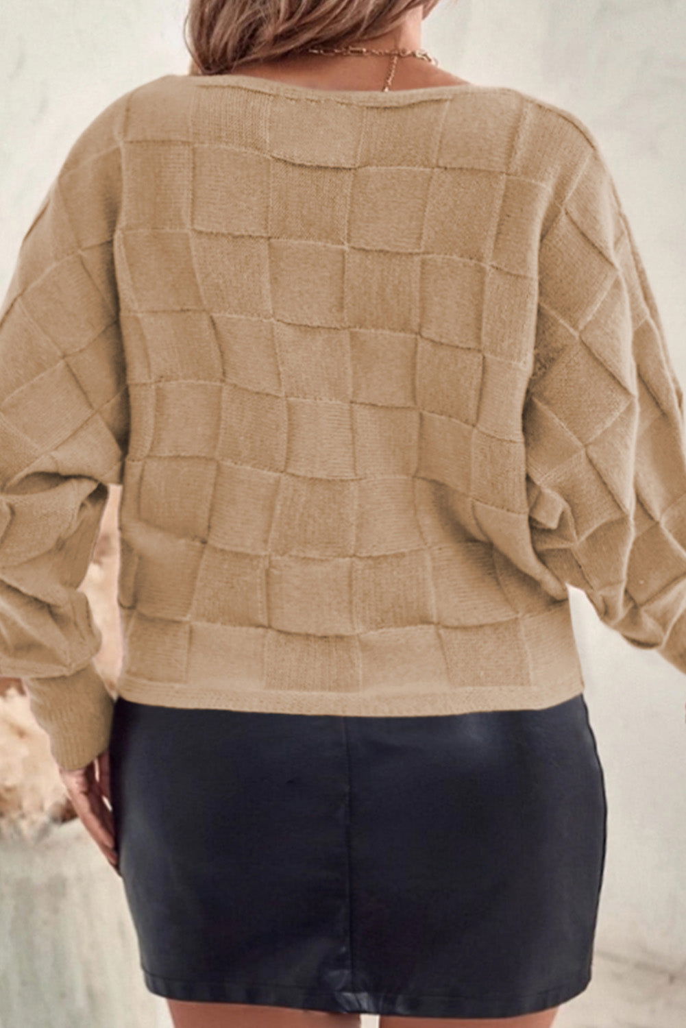 Rose Tan Solid Checkered Textured Knit Plus Size Sweater - Vesteeto