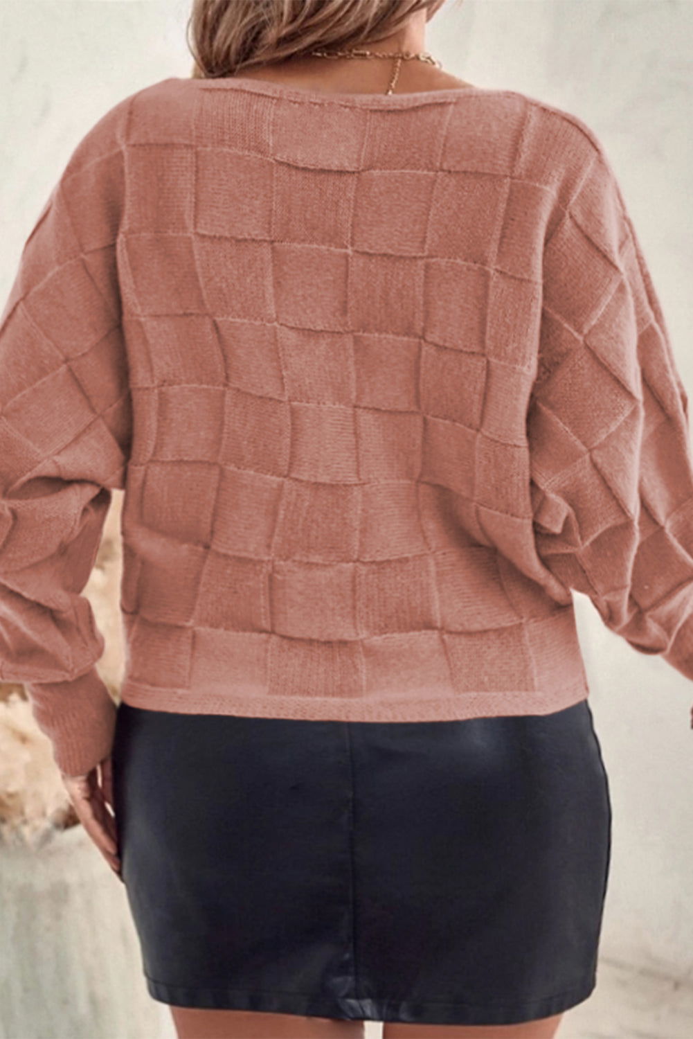 Rose Tan Solid Checkered Textured Knit Plus Size Sweater - Vesteeto