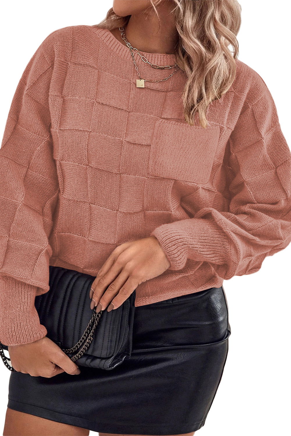 Rose Tan Solid Checkered Textured Knit Plus Size Sweater - Vesteeto