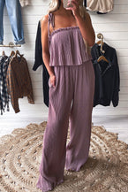 Rose Tan Solid Self Tied Straps Pleated Wide Leg Jumpsuit - Vesteeto