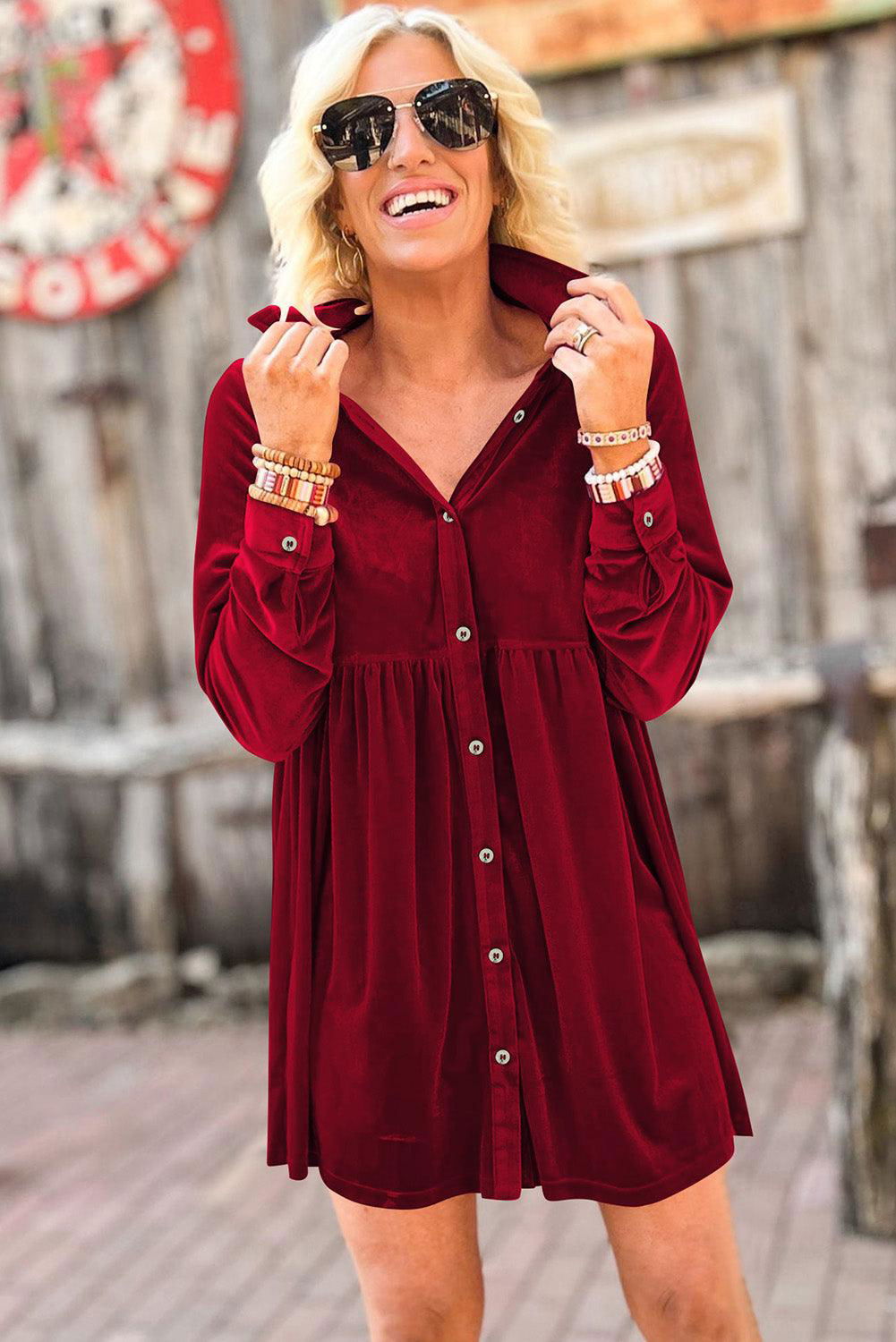 Rose Velvet Shirt Dress - Vesteeto