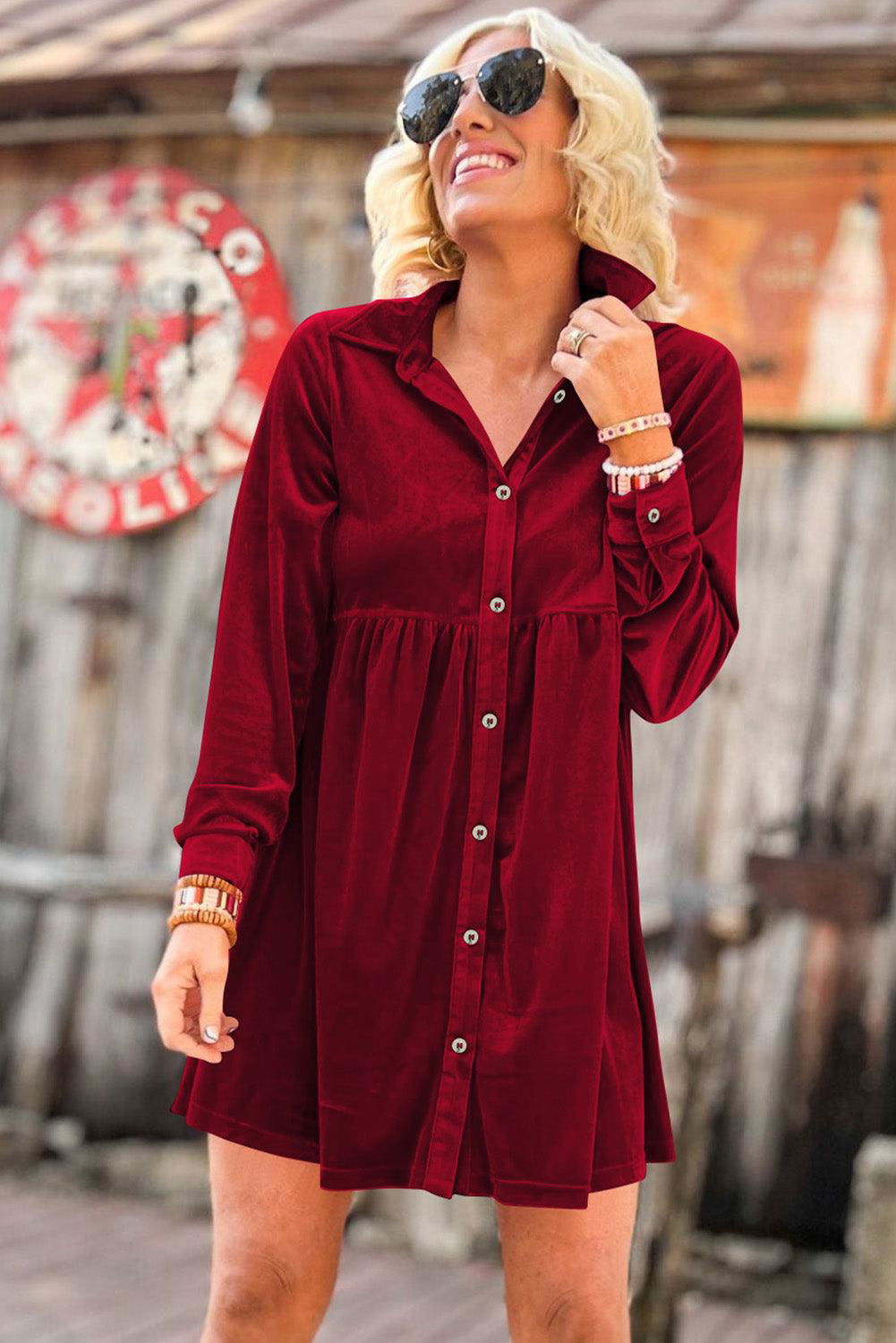 Rose Velvet Shirt Dress - Vesteeto