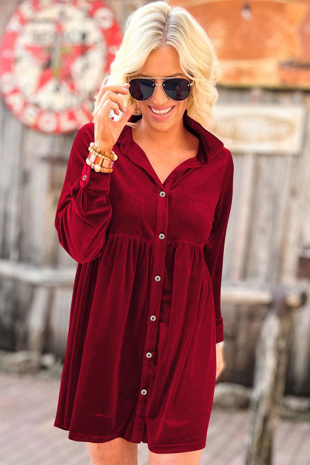 Rose Velvet Shirt Dress - Vesteeto