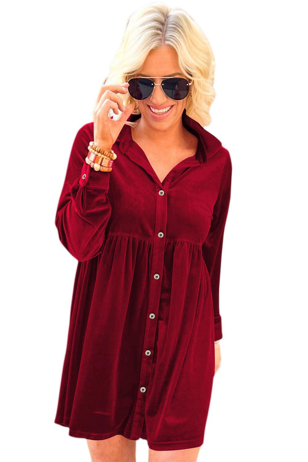 Rose Velvet Shirt Dress - Vesteeto