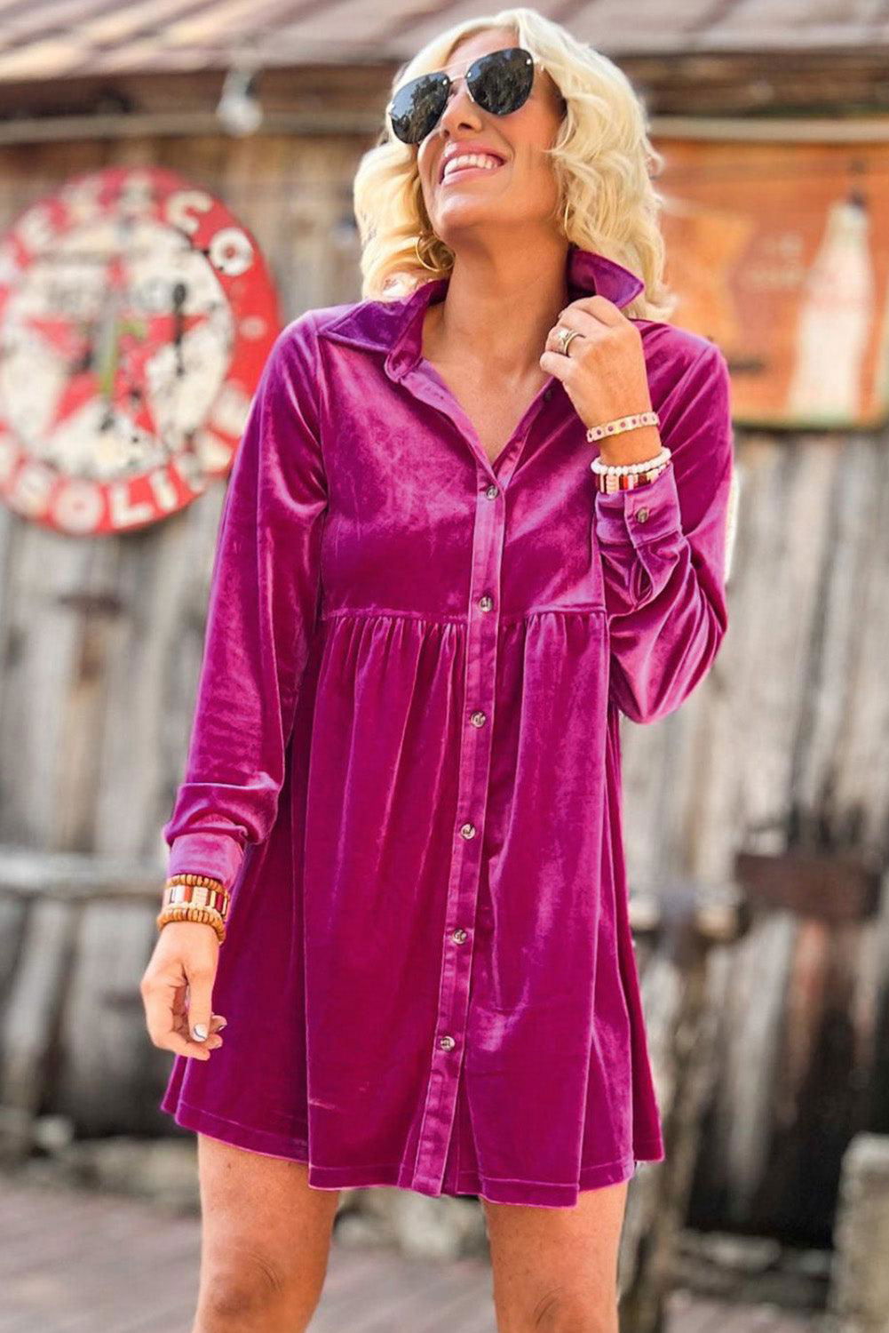 Rose Velvet Shirt Dress - Vesteeto