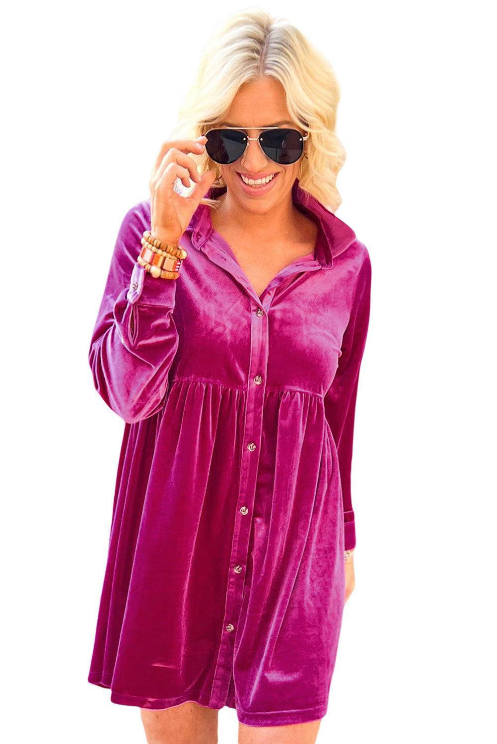 Rose Velvet Shirt Dress - Vesteeto