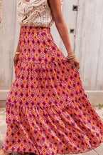 Rose Vintage Boho Floral Print Tiered Maxi Skirt - Vesteeto