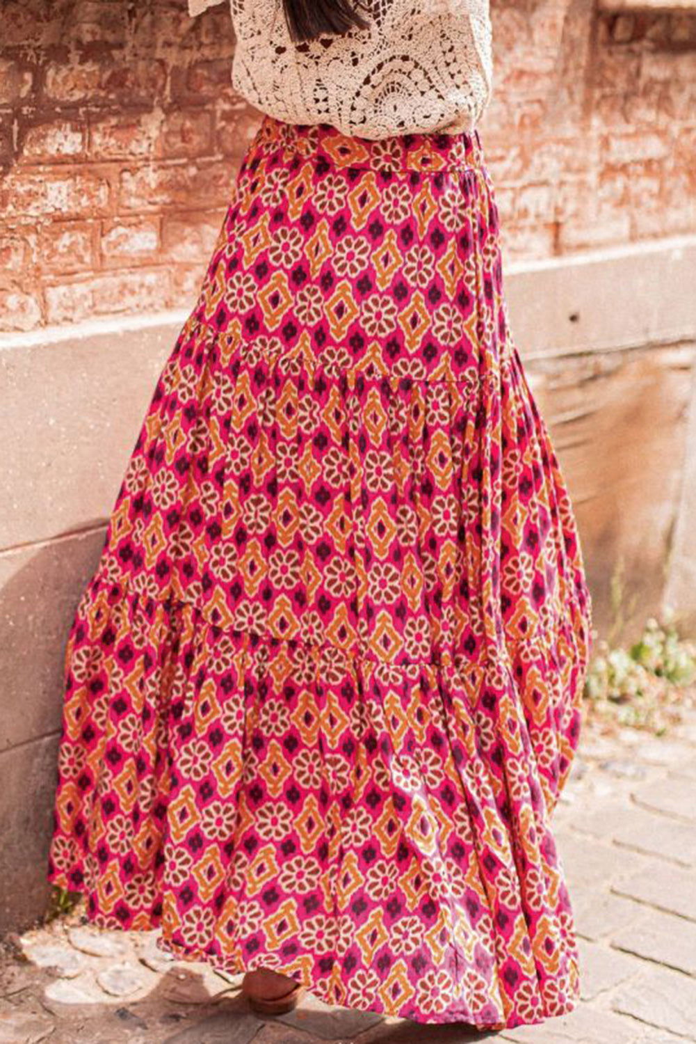 Rose Vintage Boho Floral Print Tiered Maxi Skirt - Vesteeto