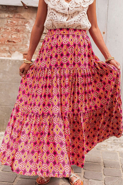 Rose Vintage Boho Floral Print Tiered Maxi Skirt - Vesteeto