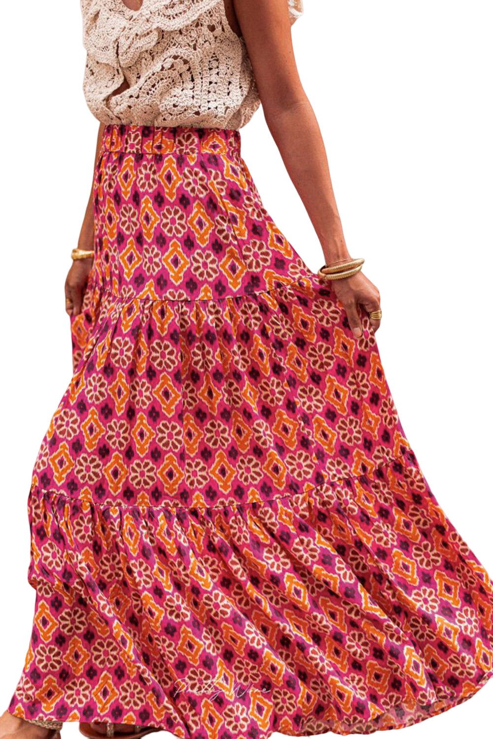 Rose Vintage Boho Floral Print Tiered Maxi Skirt - Vesteeto