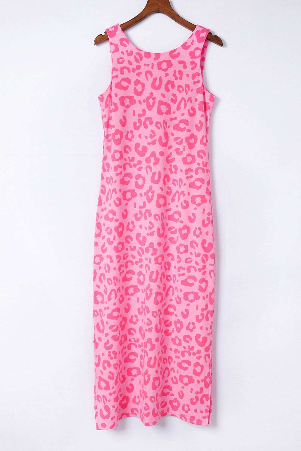 Rosy Leopard Print Side Slits Casual Sleeveless Dress - Vesteeto