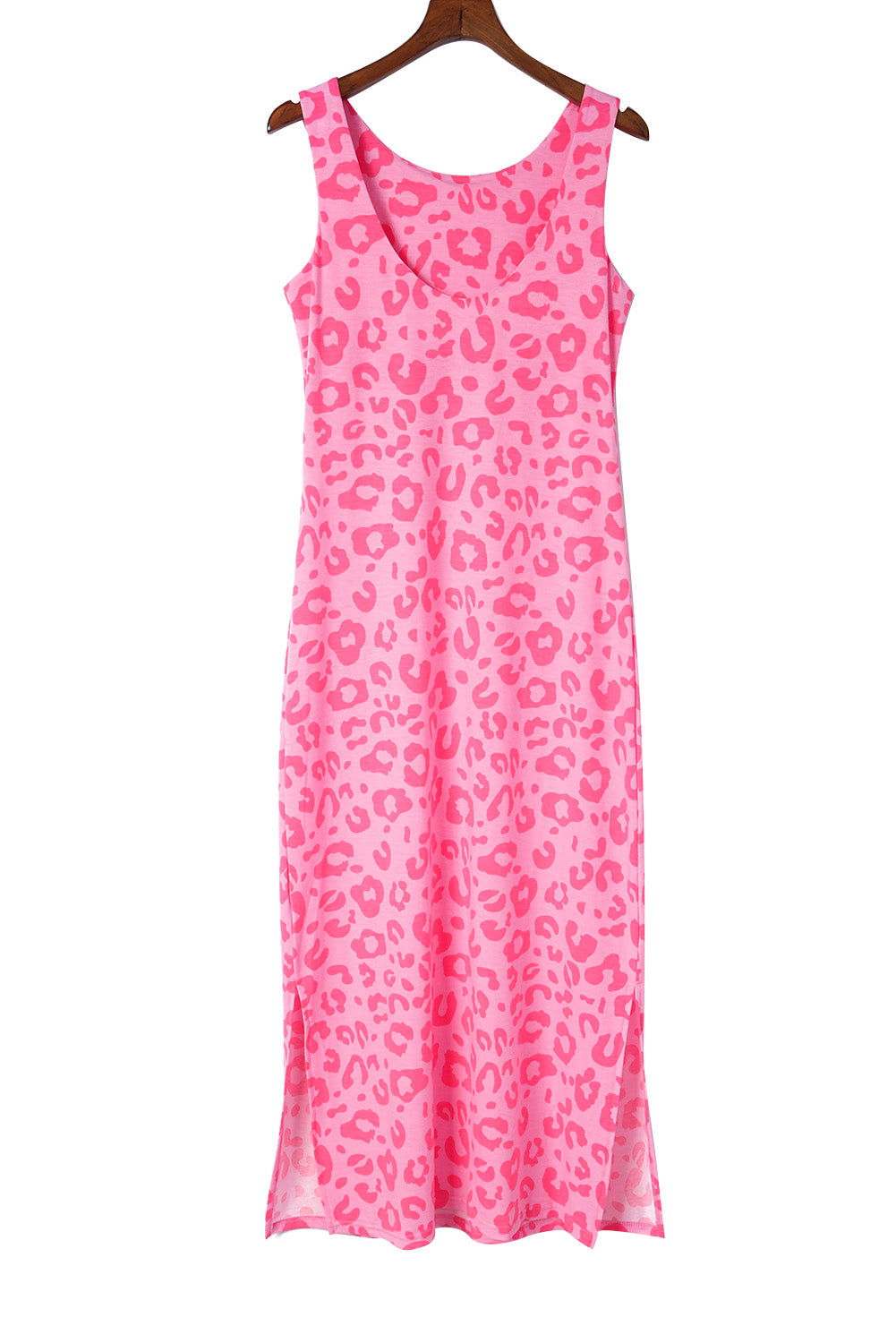 Rosy Leopard Print Side Slits Casual Sleeveless Dress - Vesteeto