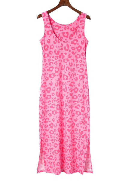 Rosy Leopard Print Side Slits Casual Sleeveless Dress - Vesteeto