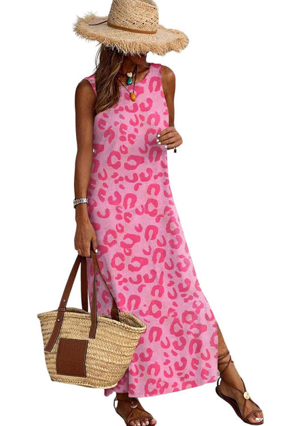 Rosy Leopard Print Side Slits Casual Sleeveless Dress - Vesteeto