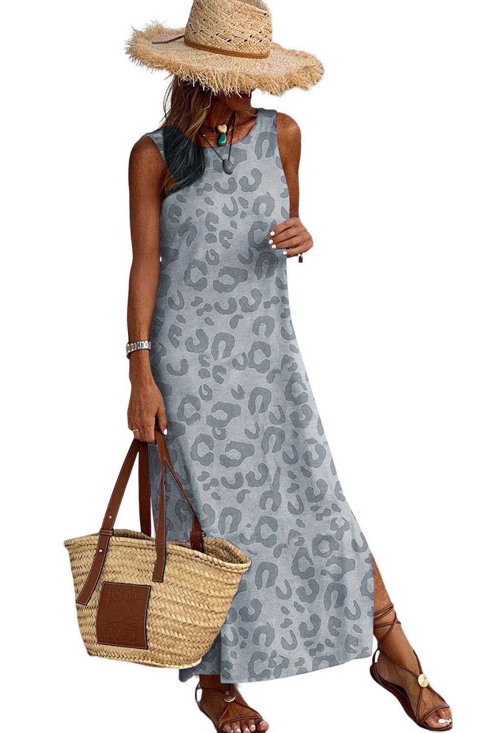 Rosy Leopard Print Side Slits Casual Sleeveless Dress - Vesteeto