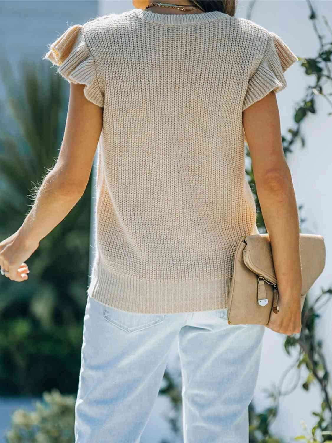 Round Neck Cap Sleeve Sweater - Vesteeto