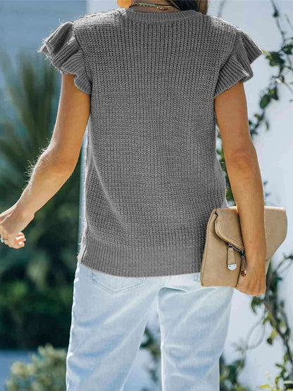 Round Neck Cap Sleeve Sweater - Vesteeto